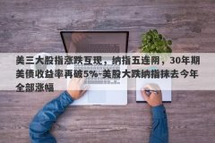 美三大股指涨跌互现，纳指五连阴，30年期美债收益率再破5%-美股大跌纳指抹去