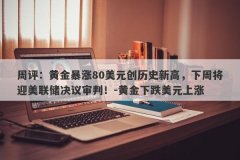周评：黄金暴涨80美元创历史新高，下周将迎美联储决议审判！-黄金下跌美元上