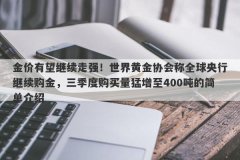 金价有望继续走强！世界黄金协会称全球央行继续购金，三季度购买量猛增至